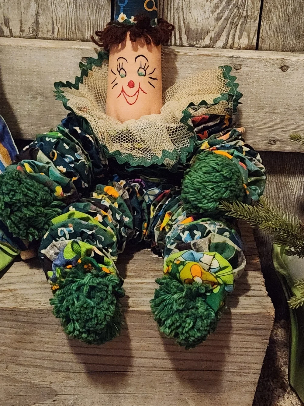 Antique Green and Multicolor Fabric Clown Pair - Decorative Home Accent